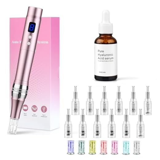 Dessnill Dermapen Elektrische Microneedling Pen Micronadeln Pen 0-2,0mm mit 7 Model LED Licht, mit Hyaluronsäure Anti-Aging Anti Falten Gesichtsserum (Inkl. 12 Nadeln Patronen)