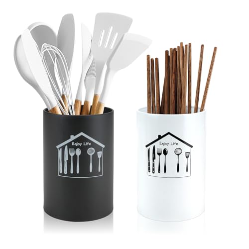 QUMENEY 2 Pezzi Organizer per Utensili da Cucina, Porta Posate in Acciaio Inox, Supporto per Pentole e Pentole per Piano di Lavoro, Organizer per Utensili da Cucina, Caddy per Posate (Nero + Bianco)