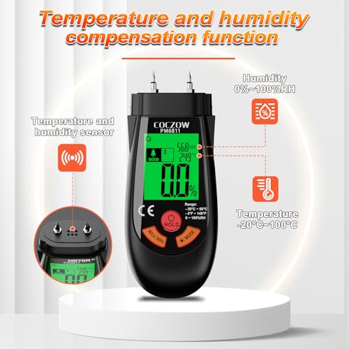 Testeur Humidité,dispose d'une nouvelle fonction de température et d'humidité (8 modes), qui permet de mesurer rapidement la teneur en humidité du bois et des matériaux de construction. – vue 5