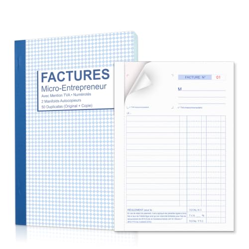 Manifolds Facture A5 avec mention TVA 50 Feuillets Autocopiants Numérotés 1 Original et 1 Duplicata Portable Carnet de Factures pour Auto-entrepreneur...
