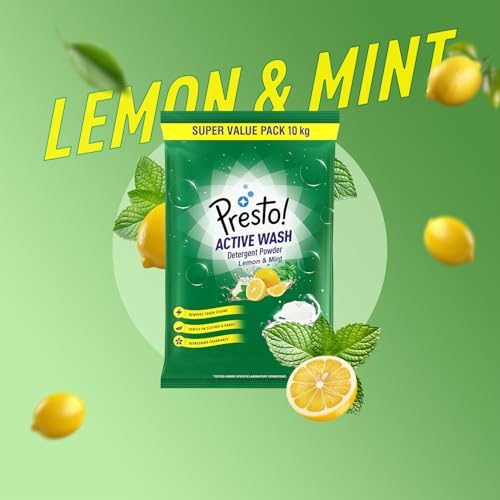 Image of Amazon Brand - Presto! Active Wash Detergent Powder | 10 Kg | Lemon and Mint | Tough On Stains | Gentle On Fabrics