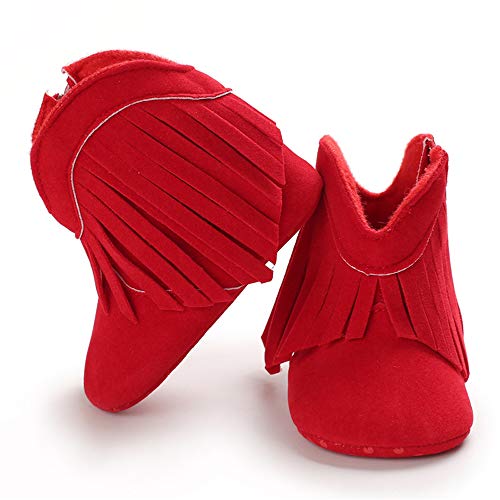 Timatego Baby Girl Cowboy Tassel Boots Side Zipper Non Slip Stay On Booties Infant Toddler First Walker Warm Winter Crib Shoes 3-18 Months, Baby Girl Boots 6-12 Months Infant, 02 Red #TOP4