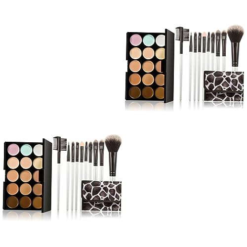 minkissy 2 Uds 15 Paleta De Maquillaje 15 Colores Polvo Facial 15 Colores Corrector Pincel De Maquillaje Blanco