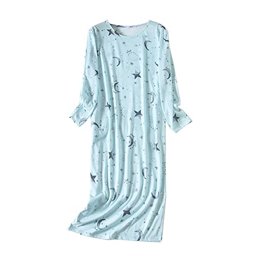 Dreamskull Long Nightdress for Ladies Women Long Short Sleeve Loose Nightshirt Christmas Elements Nightgowns Home T-Shirt Dress Spring Summer Nightie, Star and Moon, L