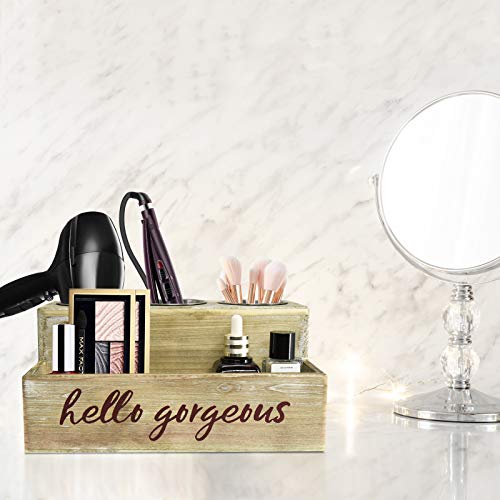 Rustic Wood Hair Dryer Holder, Hair Styling Tool Organizer, Bathroom Vanity Storage Organizer, Bath Supplies Accessories Storage Tray for Blow Dryer Flat Iron Curling Wand Brushes (Rustic Grey) - Thumbnail 3