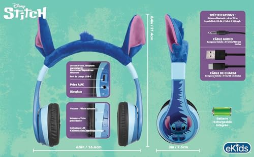 eKids Disney Stitch Casque Bluetooth sans Fil avec Microphone avec Cordon auxiliaire, Volume réduit pour Enfants, pour l'école, la Maison ou Les Voyages – vue 6