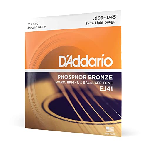 D'Addario Acoustic Guitar Strings, Phosphor Bronze, EJ41, Extra Light Gauge 09-45, 12-String Set, Pack of 1