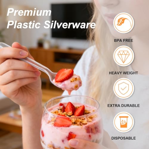 Image of Lamosi 1000 Count Extra Heavy Duty Clear Plastic Forks and Spoons | Disposable Plastic Silverware BPA-Free, Heat Resistant for Wedding Party Supplies, 500 Forks, 500 Spoons