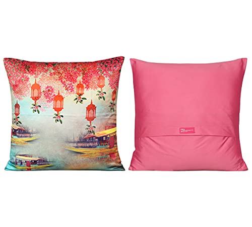 Image of India Circus by Krsnaa Mehta Lakeside Crane Flight Multicolor Satin Blend Cushion Pillow Covers Set of 5 (16 X 16 Inches)