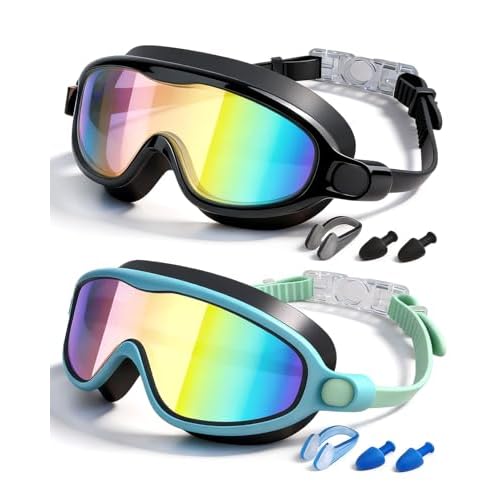 Rantizon Swim Goggles 2 Pack, Wide View Anti Fog&UV Swimming Goggles for Audlt, No Leaking Swim Glasses for Men Women Kids Green & Gold Plated Small f