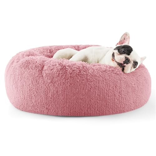 Image of Bedsure Calming Dog Bed for Small Dogs - Donut Washable Small Pet Bed, 23 inches Anti-Slip Round Fluffy Plush Faux Fur Large Cat Bed, Fits up to 25 lbs Pets, Mauve Blush