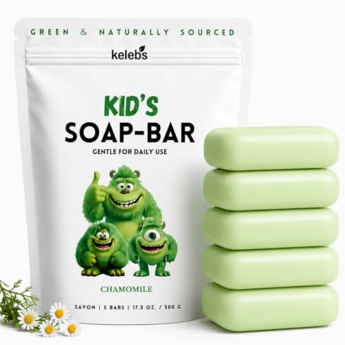 Image of KELEBS Hypoallergenic Kids Soap Bar 5-Pack | Organic & Gentle Chamomile Body Wash for Children | Natural Ingredients | Fun Bath Time