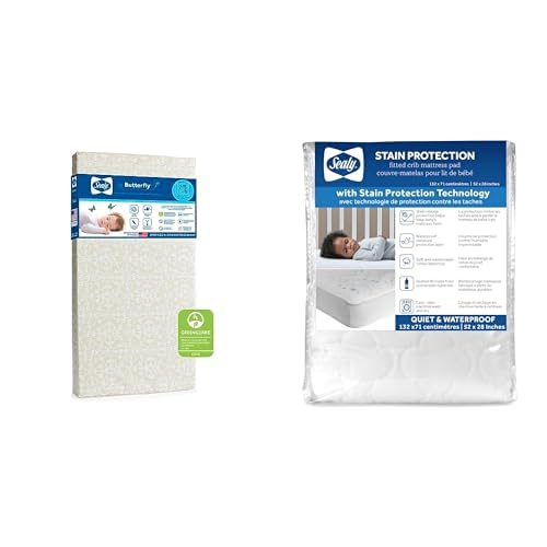 SEALY BABY Butterfly Posture Support Waterproof Crib Mattress + Stain Protection Waterproof Fitted Crib Mattress Pad