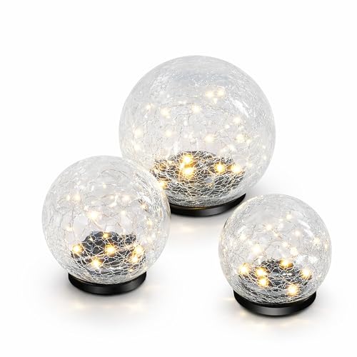 Esotec Bruchglas Solarkugeln für außen winterfest, 3er Set Glas-Kugeln Golden Balls, Gartendeko Solarlampen für außen, warmweiß, Gartenbeleuchtung 102088