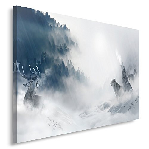 Feeby Impression sur toile Loups Cerfs Nature XXL 120x80 cm 1 pièce Tableau Mural Image Moderne Décoration Murale Artistique Photographie Design Cuisine Salon Chambre à coucher Hiver Blanc