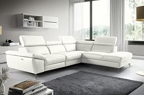 VENESETTI Canapé d'angle Relax en 100% Tout Cuir épais de Luxe Italien avec Relax électrique, 5/6 Places Kaster, Blanc cassé, Angle Droit