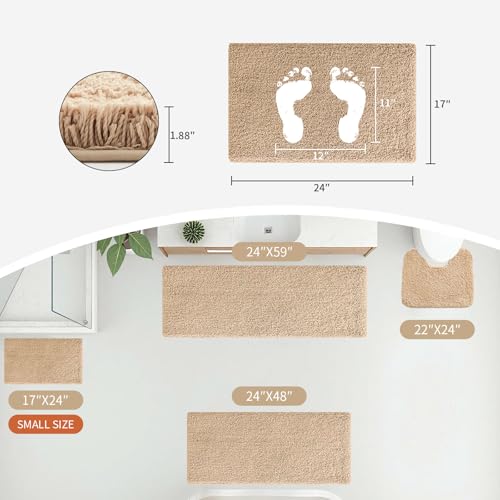 Small Bathroom Rug 17x24 Non Slip Beige Fluffy Bath Mat for Bathroom Floor Washable Plush Luxury Bath Rug for Tub Soft Shaggy Absorbent Shower Mat