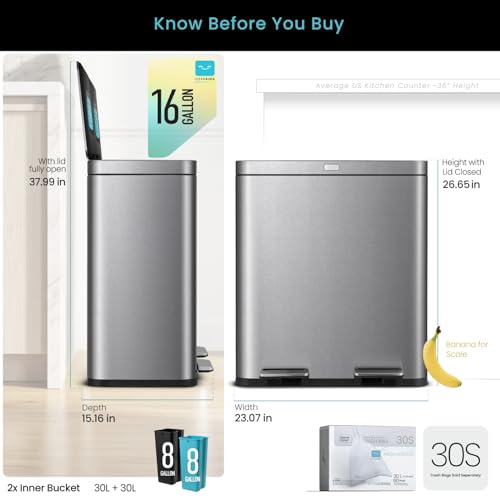 Home Zone Living 16 Gallon Kitchen Trash Can with Dual Compartments for Recycling, CleanAura Odor Control, Stainless Steel, Silver, 60 Liters Total by Home Zone Living - Image 8
