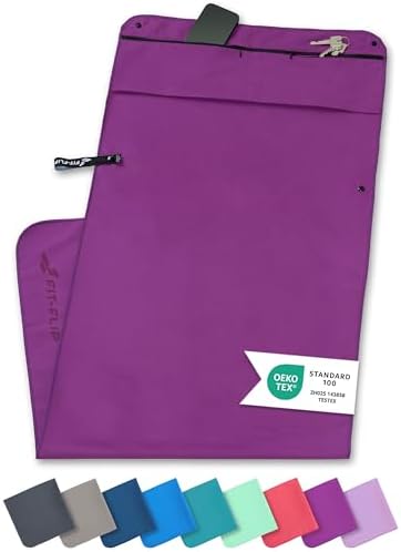 Fit-Flip Fitness Handtuch aus Mikrofaser kompakt und schnelltrocknend | mit Magnet und Reißverschluss Tasche, Fitnesshandtuch rutschfest für Sport und Gym, Sporthandtuch Fitnessstu