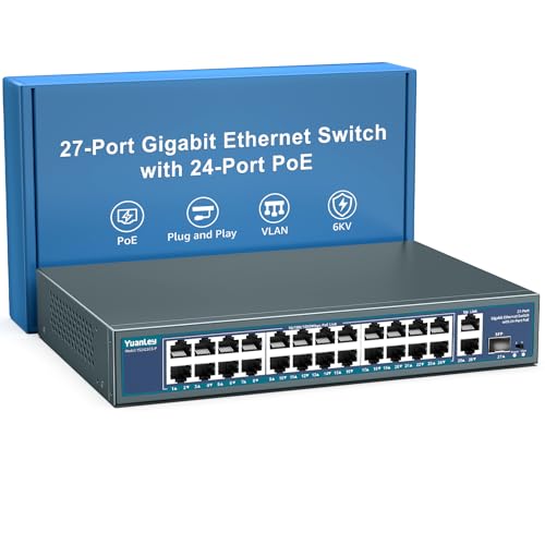 Image of 24 Port Unmanaged Gigabit PoE Switch, YuanLey 27 Port Gigabit PoE Switch with 2 Uplink & 1 SFP, Rackmount, Built-in 400W Power, 802.3af /at Compatible, Plug and Play, One-Key VLAN, Metal Housing