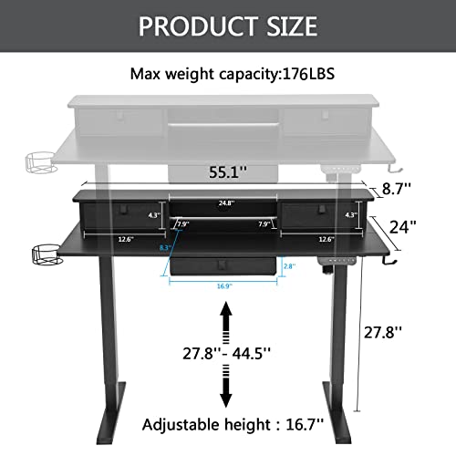Lagrima Height Adjustable Standing Desk, 55 X 24 Inches Electric Sit Stand Desk With 3 Drawers And Storage Shelf, Stand Up Desk Home Office Desk With 4 Memory Presets(Black), Desk7050 #TOP2