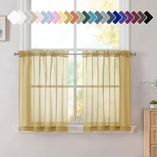 Image of Simplebrand Gold Sheer Tier Curtains for Kitchen 24 Inches Long 2 Panels Set, Rod Pocket Cafe Curtain Light Filtering Sheer Short Curtains for Bathroom /Basement Half Window 42 x 24 Inch