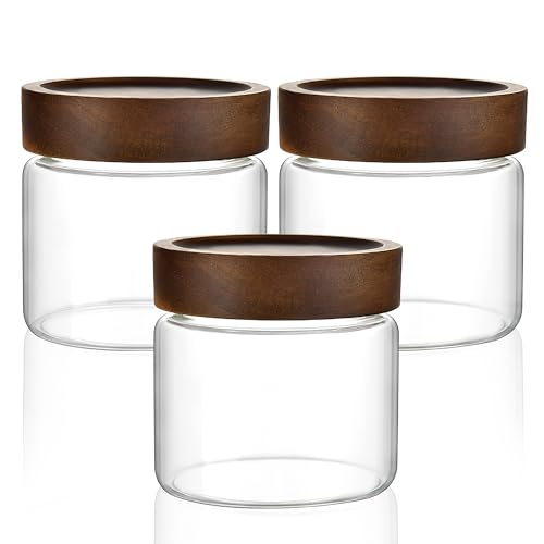 INCETUE Glass Storage Jars with Wooden Lids, 500ml Clear Airtight Tea Coffee Sugar Canisters (Set of 3) with Screw Top, Kitchen Pantry Containers for Cookies, Pickling, Overnight Oats, Meal Prep