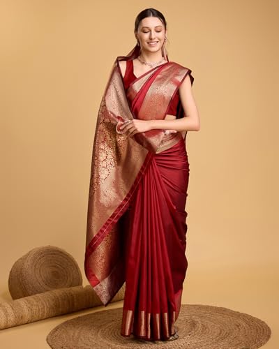 Image of SWORNOF Women's Silk Kanjivaram Kanchipuram Saree With Blouse Piece