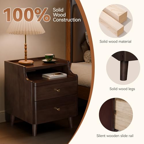 Image of Nightstand Set of 2, Pre-Assembled, 19.7 inchH Solid Wood Night Stand with 2 Drawers, Open Sliding Shelf, Mid Century Modern Small Bedside Table for Bedroom, Black Walnut 16 inch