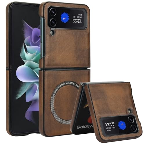 XKchatpt Magnetic for Samsung Galaxy Z Flip 3 Case support wireless charging PU Leather Shockproof Slim Hard Case for Samsung Galaxy Z Flip 3 (Brown)