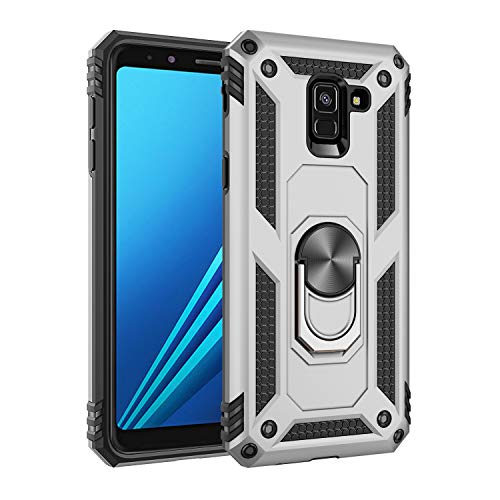 BestST Funda para Samsung Galaxy A8 2018/A530F,Elegante Armadura híbrida Robusta Funda de Doble Capa de Alta Resistencia para PC Duro Caso con Anillo Grip Kickstand con HD Protector de Pantalla,Plata