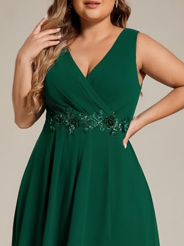 Image of Ever-Pretty Plus Women's V Neck Applique Chiffon Pleated Sleeveless Midi Plus Size Cocktail Party Dresses
