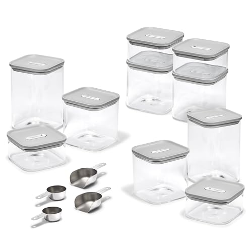 Caraway 26-Piece Ultimate Airtight Glass Food Storage Containers with Lids, Scoops, Measuring Cups and Organizers - Non-Toxic BPA-Free Stackable Space-Saving Containers for Pantry - Grey