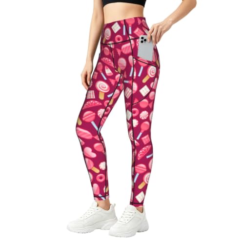Pantalones de yoga rosa con estampado de caramelo y bolsillos, ideales para entrenar y salir