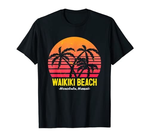 Waikiki Beach Honolulu Hawaii Oahu Hawaiian Sunset Palmera Camiseta