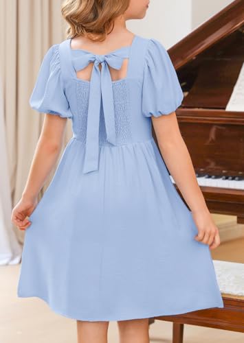YOVION Girls Summer Dress Square Neck Puff Sleeve Smocked Tie Back A-Line Casual Dress with Pockets for 6-12 Y Light Blue — view 4