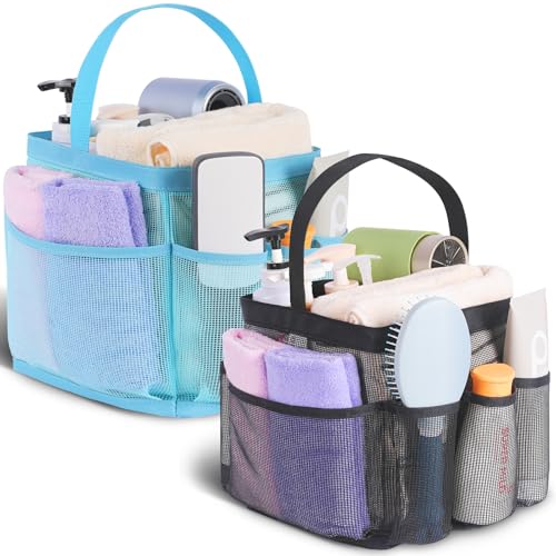 Image of EUDELE 2 Pack Mesh Shower Caddy Portable for College Dorm Room Essentials, Shower Caddy Dorm with 9-Pocket Large Capacity,Shower Bag for Beach,Swimming,Gym All Black+All Ice Blue
