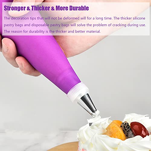 Piping Bags And Tips Set, 34Pcs Bake Cake Decorating Kit With 24 Stainless Steel Tips, 2 Reusable Silicone Pastry Bags, 3 Icing Smoother, 2 Couplers, 2 Frosting Bags Ties And 1Pipe Brush (Purple) #TOP3