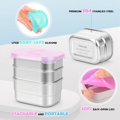 Image of Tanjiae 6-Pack 8oz Small (1 CUP) Stainless Steel Snack Containers - 230mL Leakproof Food Containers with LFGB Certified Lids, Stackable Metal Snack Box for Home, Work, Travel