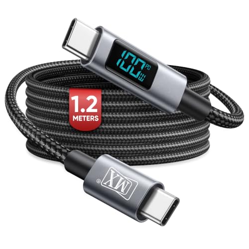 Image of MX 100W USB C to USB C Fast Charging Cable with LED Display, 5A Type C to Type C Fast Charging Nylon Braided Cable, 480Mbps Data Transfer, 1.2M Tangle-Free Cable for MacBook, Laptop, iPad & Phone