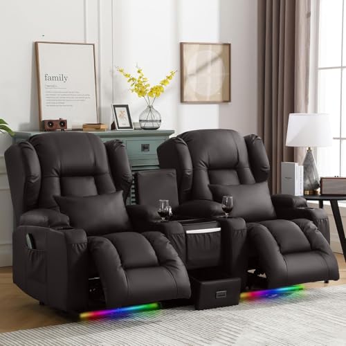 Image of DRMBOOK Power Recliner Chair, Electric Wall Hugger Reclining Sofa with Massage & Heat, Overstuffed Theater Seating with LED /USB /Cup Holders for Living Room (Leather Brown, 1 Chair with Console)