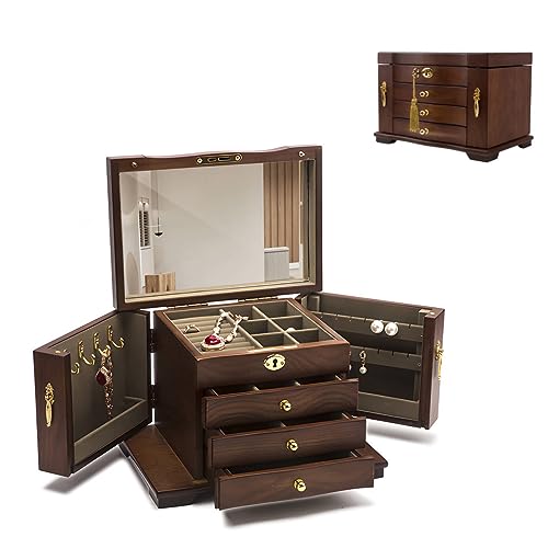 HKHJ Smyckeskrin Trä Stort Vintage, Låsbart Smyckeskrin Med Spegel, Smyckeskrin Med 4 Nivåer Och 3 Lådor, För Armband, Halsband, Ringar, Örhängen