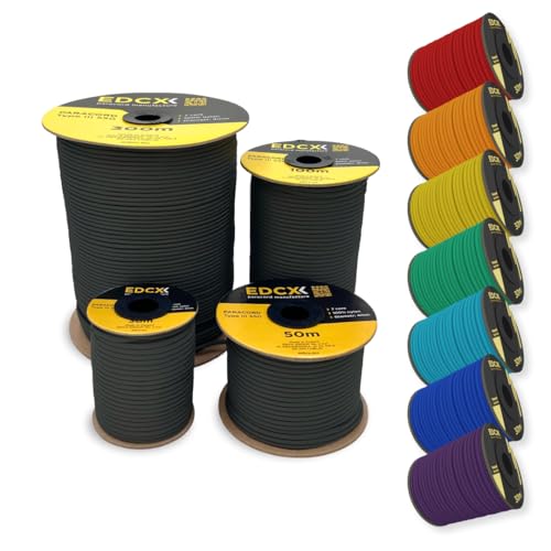 EdcX 4 mm Nylon Paracord 550 30 m (100 pies) - Tipo III, Cuerda 100% Nylon, Cuerda de 7 hebras, Cuerda de Nylon de 4 mm en Colores sólidos (Black, 30 m)