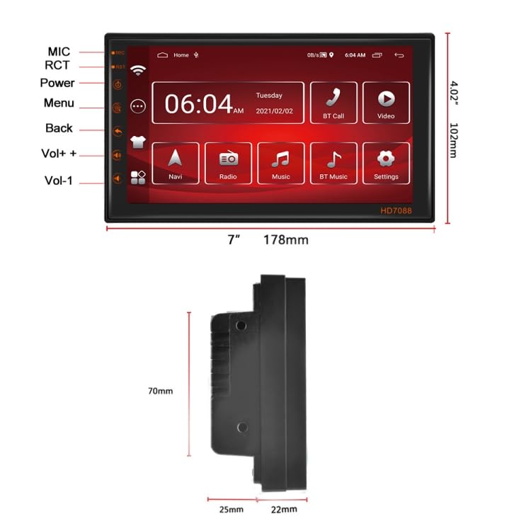 Diagram showing the dimensions of the 7-inch Android Navigation System: 7 inches (178mm) wide, 4.02 inches (102mm) high, and side profile showing depth of 70mm, 25mm, and 22mm.