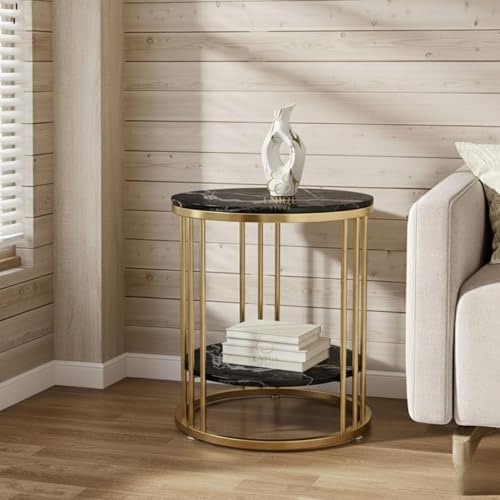 Image of Modern Coffee Table Metal Side Table with Marble Finish Top | 2-Tier Round End Table for Living Room & Bedroom (Black & Gold)