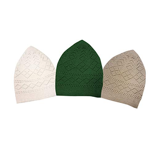 Eid Islamic Knitted Kufi Topi Prayer Hat Crochet Cap Taqiyah Takke Skull Beanie for Muslims, Paryers and Islamic White-Green-Brown
