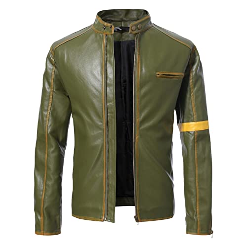 Maiyifu-GJ Men's Vintage Distressed Biker Leather Jacket Retro Slim Fit Motorcycle Biker Jacket Casual Zip Up Bomber Coat (Armygreen,X-Large)
