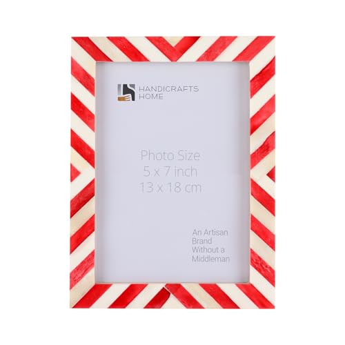 Handicrafts Home Red Picture Frame – 5x7 Handmade Chevron Bone Inlay Photo Frame for Christmas Decor, Holiday Gifting, Valentine’s Day Decor, Colorful Farmhouse Wall Decor, Boho Shelf Styling, Rustic Home Decor & Living Room Picture Frame