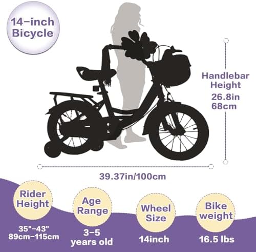 Kids Bike for Toddlers 3-8 Years, 14/18" Adjustable Girls' Bicycle with Basket, Bell, Training Wheels, Streamers, Windmill & Front Hand Brakes - Safe & Fun!