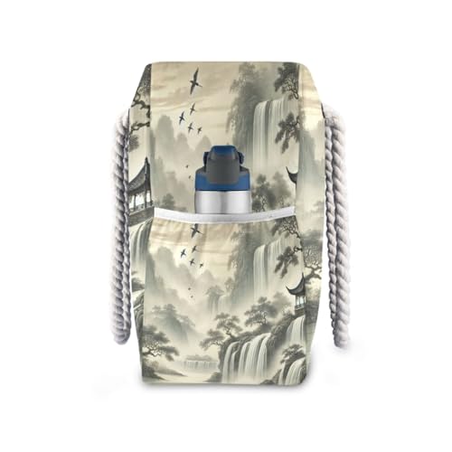 Waterfall Boat Birds Beige Beach Tote Bag for Women Waterproof Swim Pool Extra Large Beach Bags with Zipper Carry On Travel Bag for Grocery Vacation Essentials Yoga Nurse Gym3